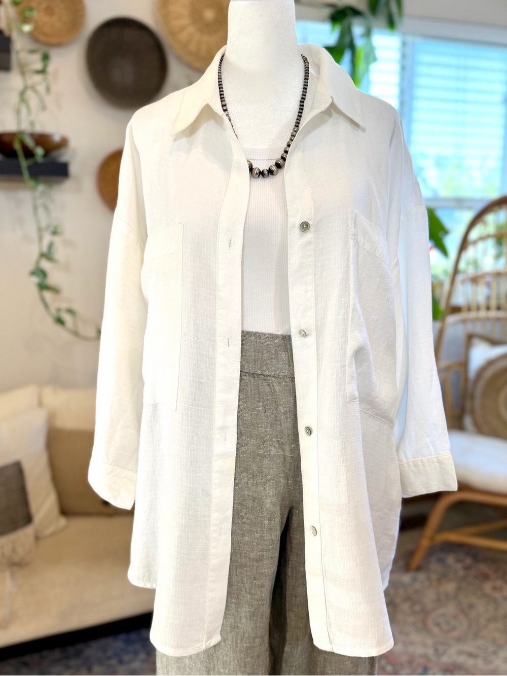 Eileen Fisher Top Linen Tencel White Collared Button Down Shirt Blouse Spring L - Picture 4 of 10